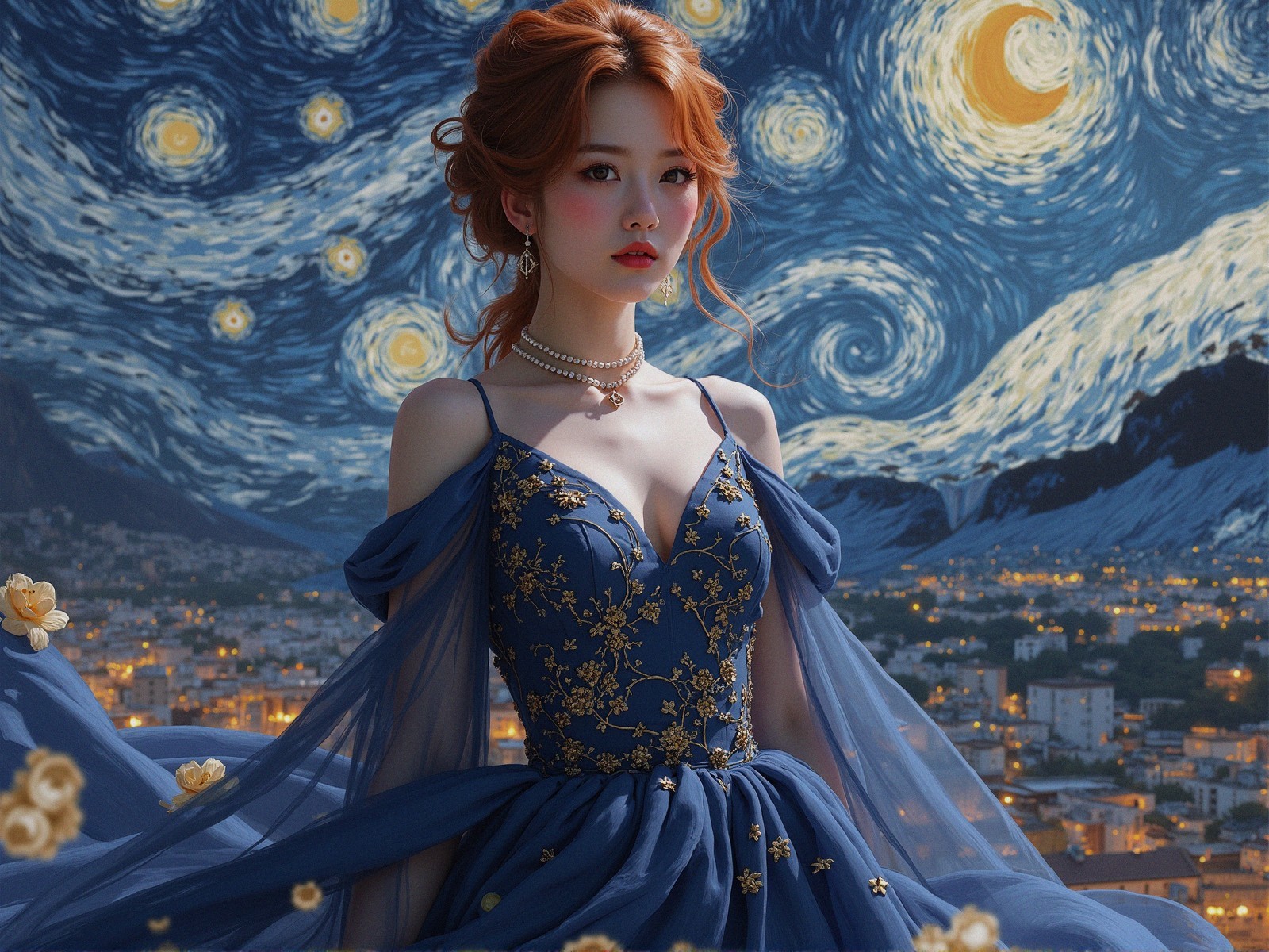 Young woman in blue gown against starry night sky