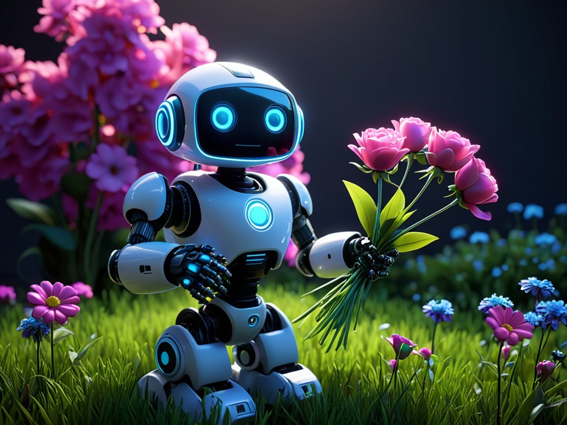 Robot in a Garden with Pink Roses and Colorful Flowers