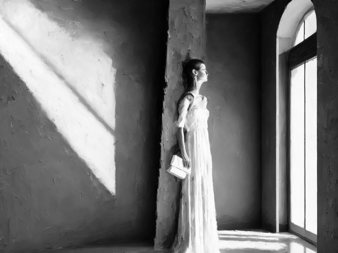 Solitary Figure in White Gown by Large Window