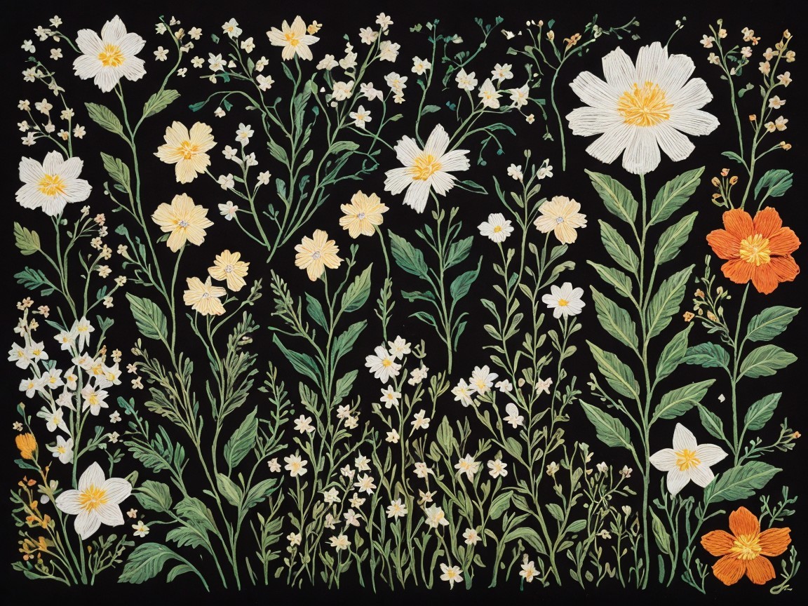 Embroidered Wildflowers and Greenery on Black Background