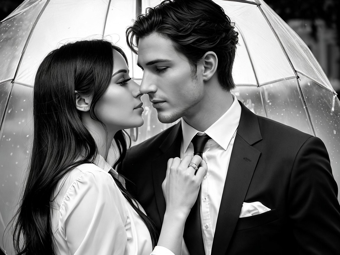 Couple Under Transparent Umbrella in Gentle Rain