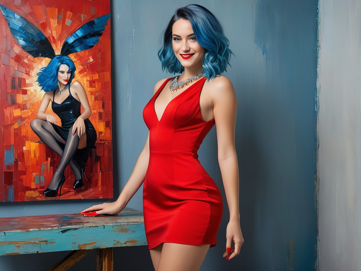 Woman in Red Dress with Blue Hair and Abstract Art
