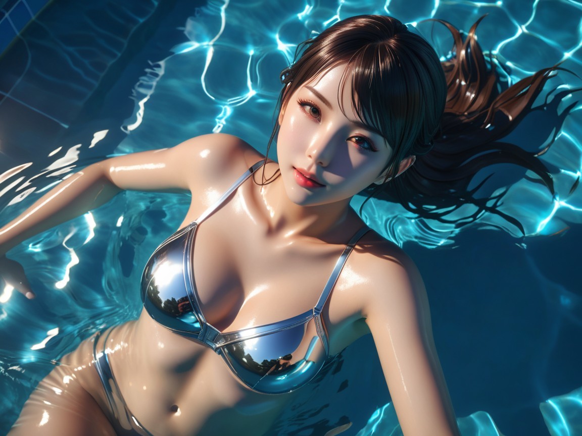 Young Woman in Metallic Bikini by Shimmering Pool