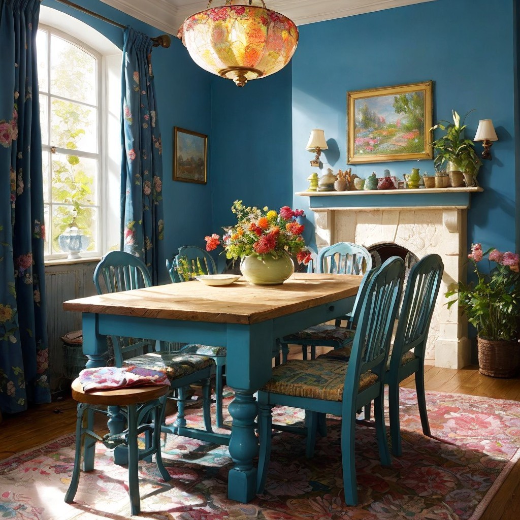 Brightly Colored Dining Room with Floral Accents