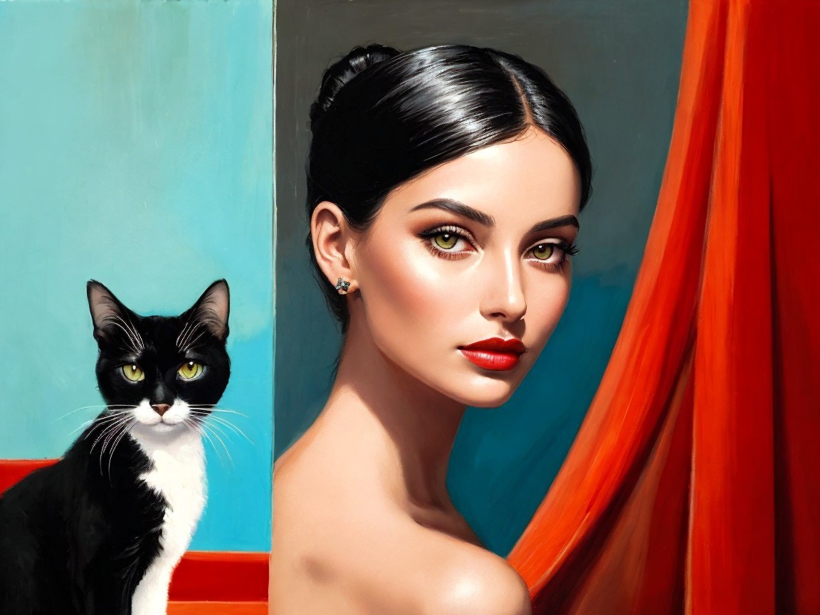 Elegant Portrait of a Young Woman and Cat
