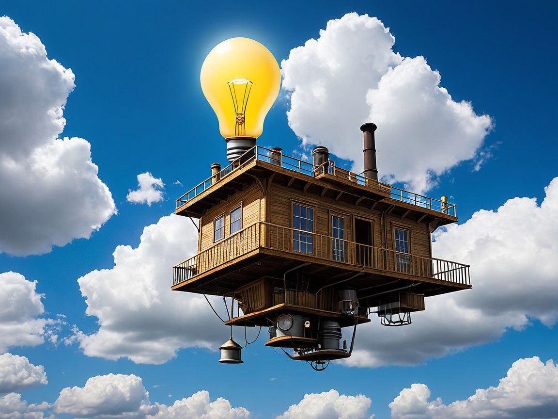 Whimsical Floating House with Steampunk Elements