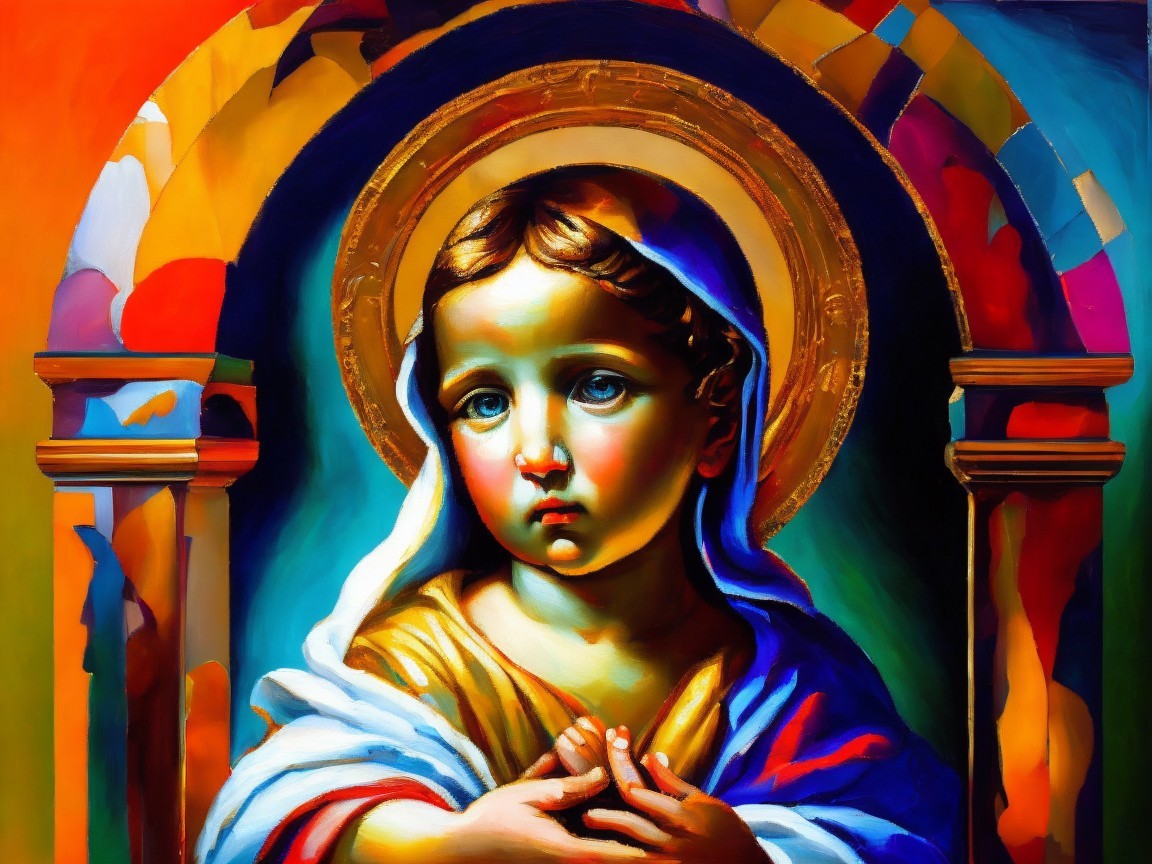 Stylized depiction of a serene religious figure
