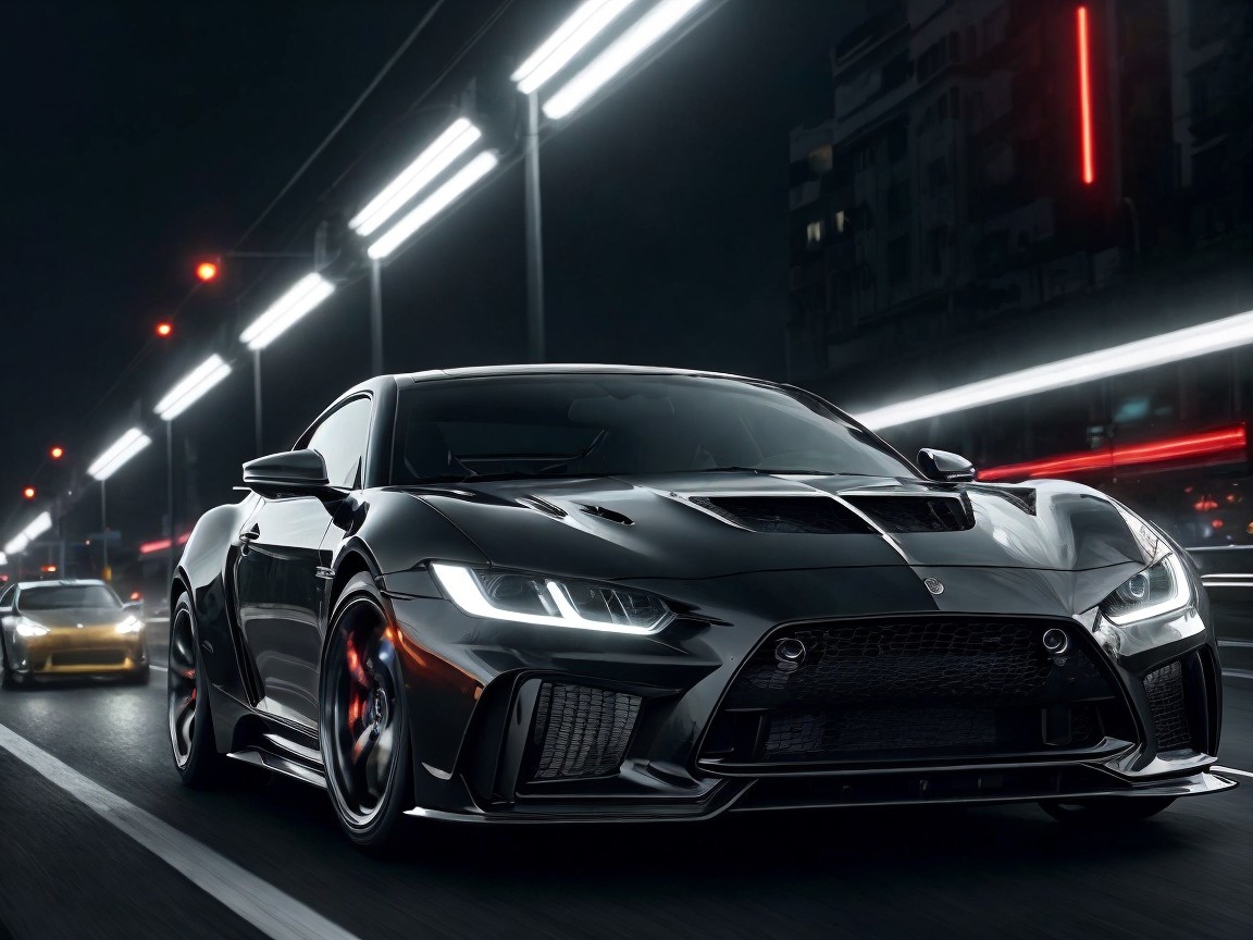 Sleek Black Sports Car in Night Cityscape Setting