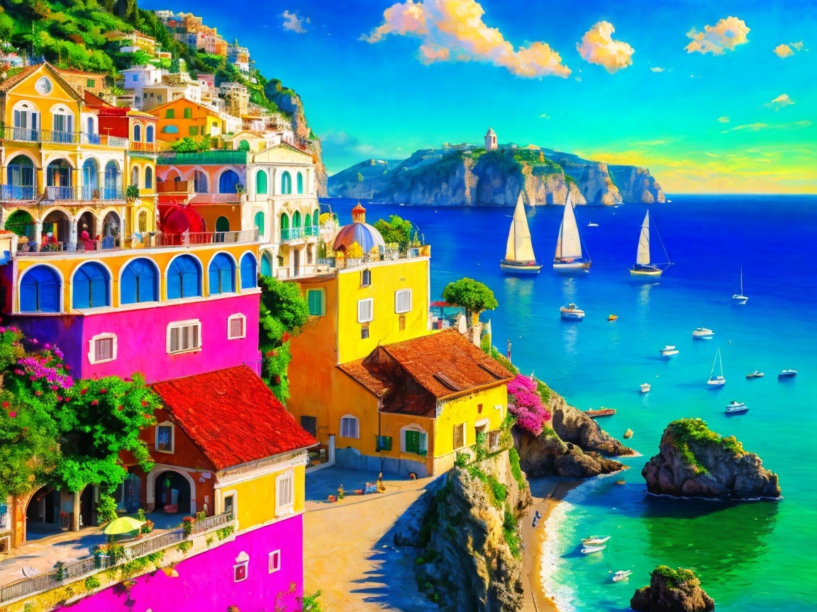 Coastal Scene with Colorful Houses and Sailboats