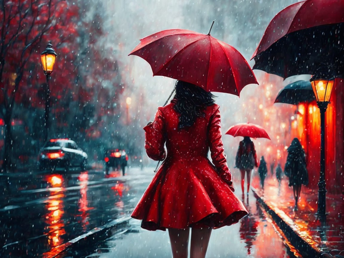 Red Dress and Umbrella in Rainy Street Scene