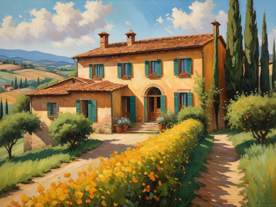 Tuscan Villa Amidst Lush Greenery and Yellow Flowers