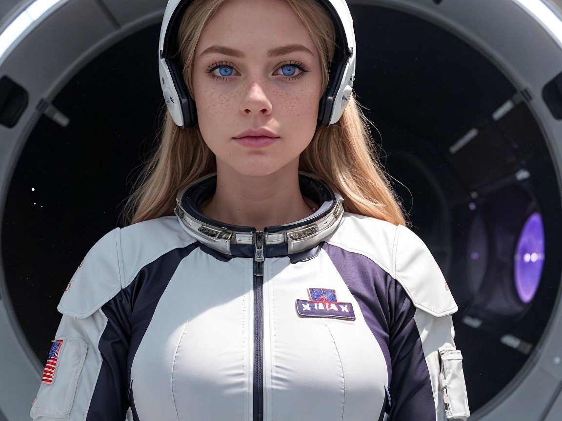 Young woman in futuristic astronaut suit with blue eyes