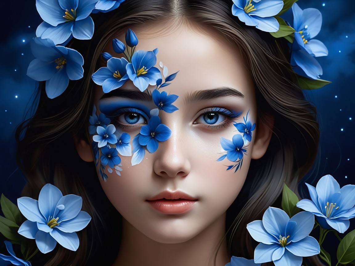 Fantasy Portrait of Woman with Blue Flowers and Light