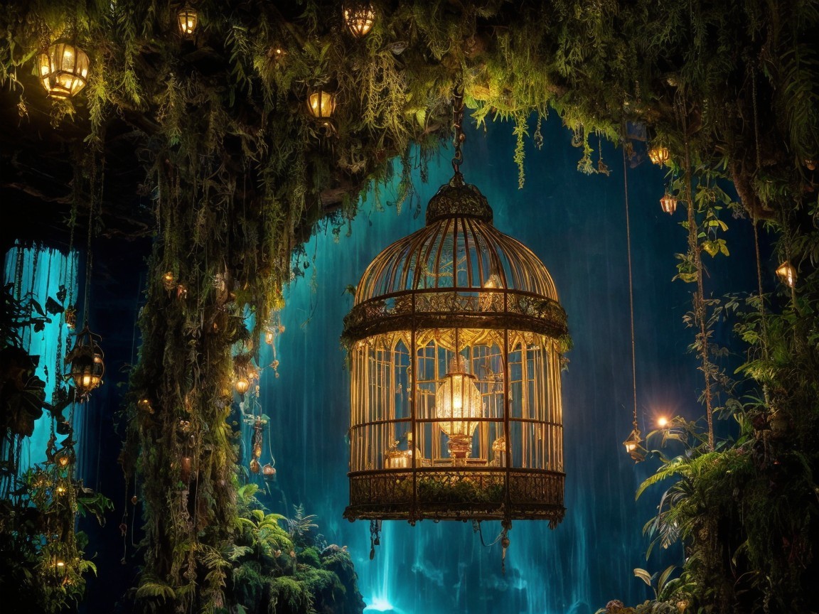 Mystical Cavern with Lush Greenery and Lanterns