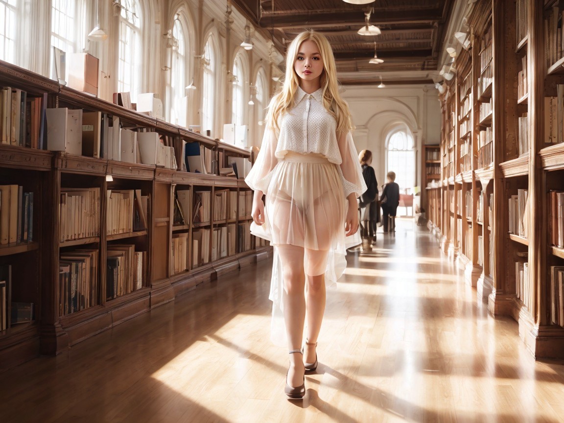 Young Woman in Sheer Outfit in Sunlit Library