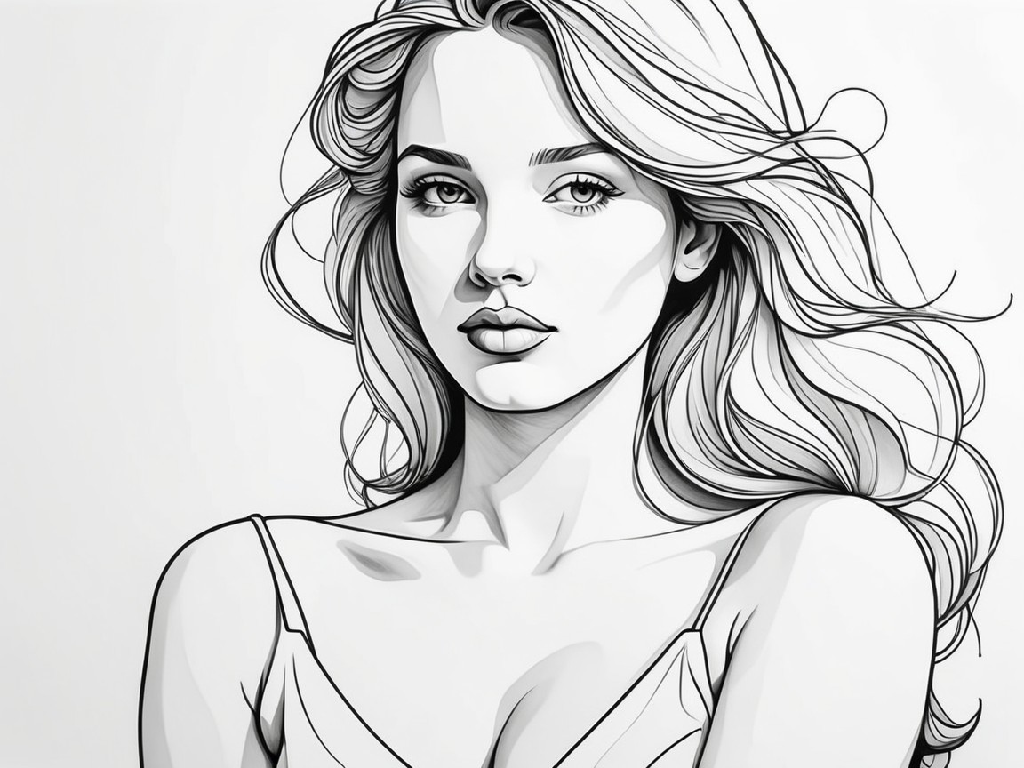 Monochrome Illustration of a Serene Woman's Portrait