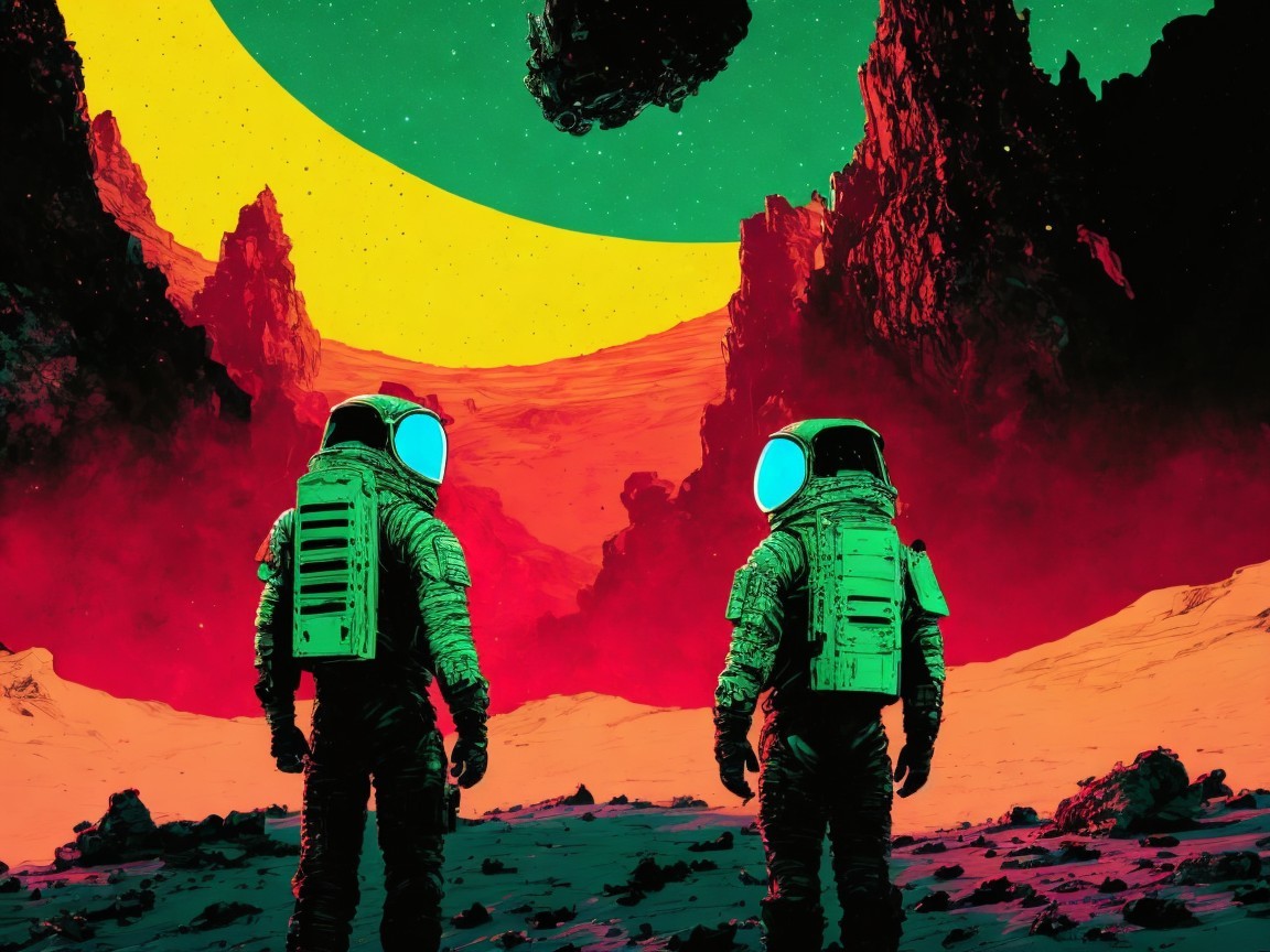 Astronauts on an alien landscape with a colorful sky