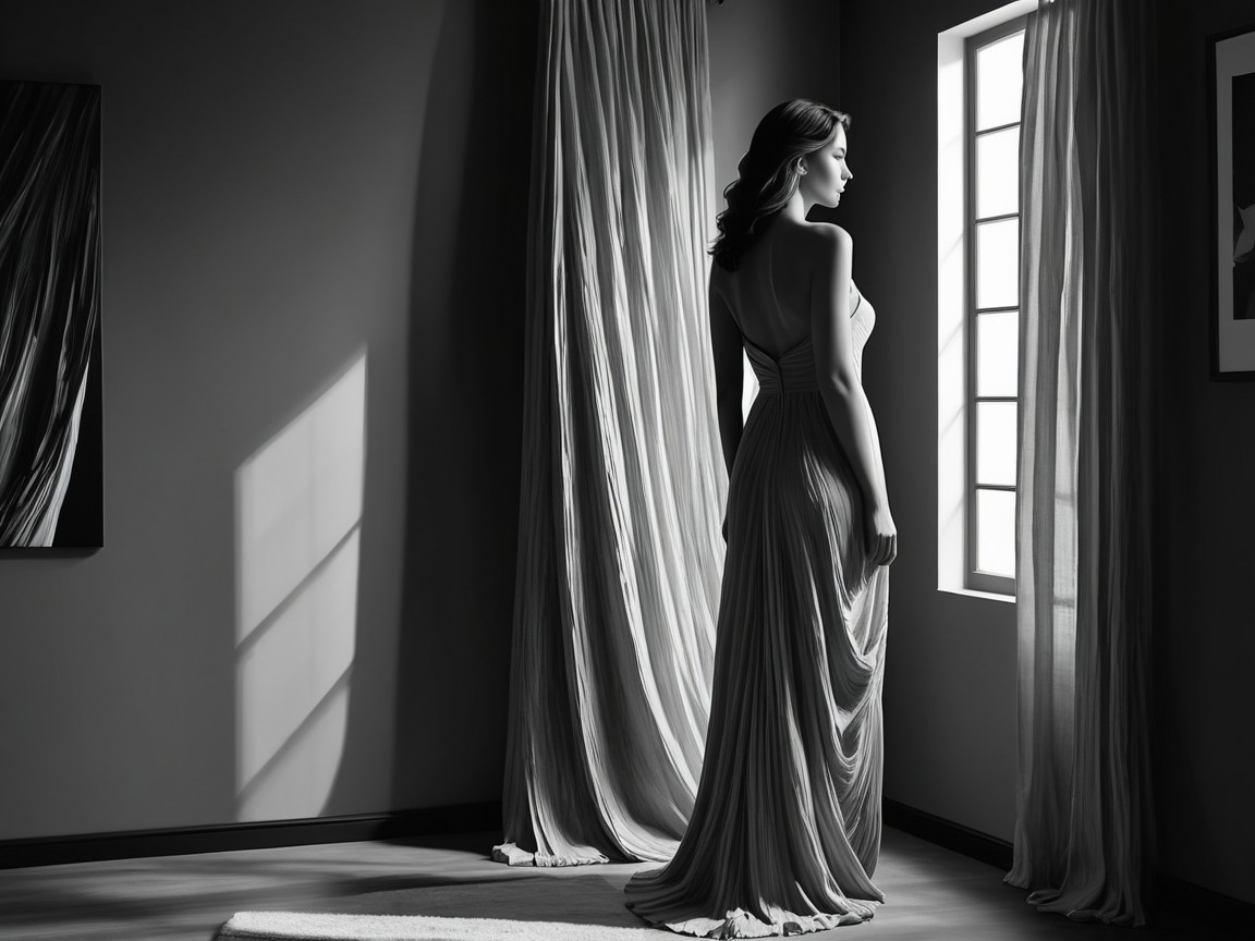 Woman in Elegant Gown by Window in Soft Light