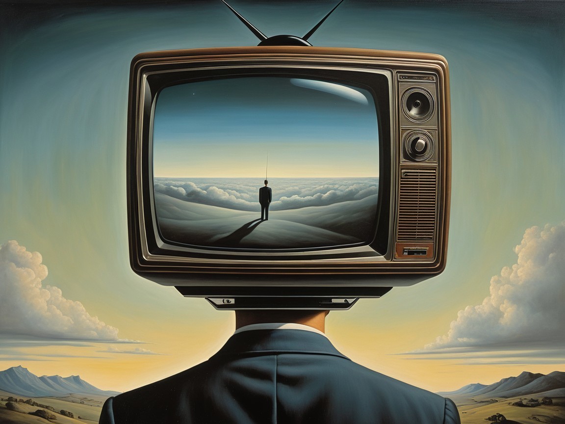 Surreal Scene of Man with Television Head in Landscape