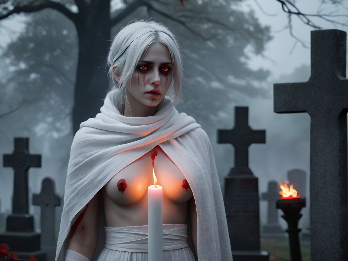 Misty Cemetery Scene with Figure and Candlelight