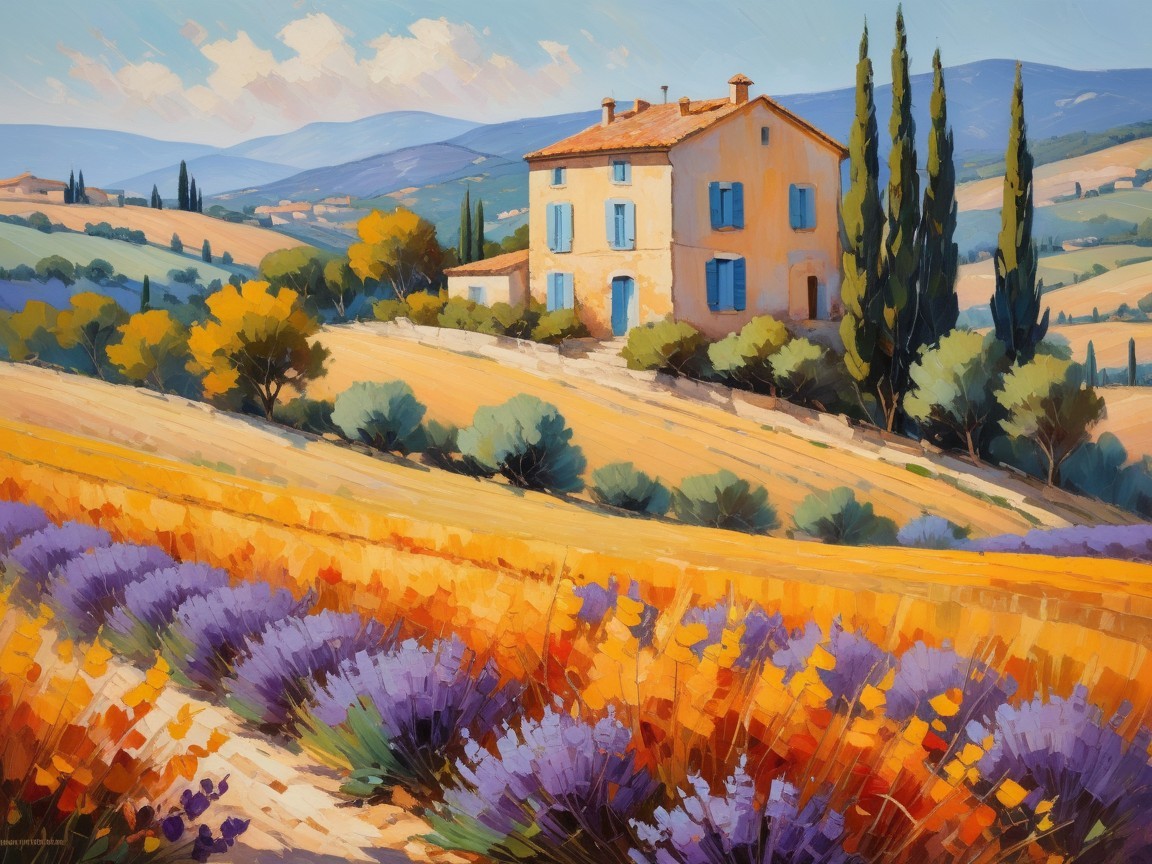 Vibrant Landscape with Yellow House and Lavender Fields