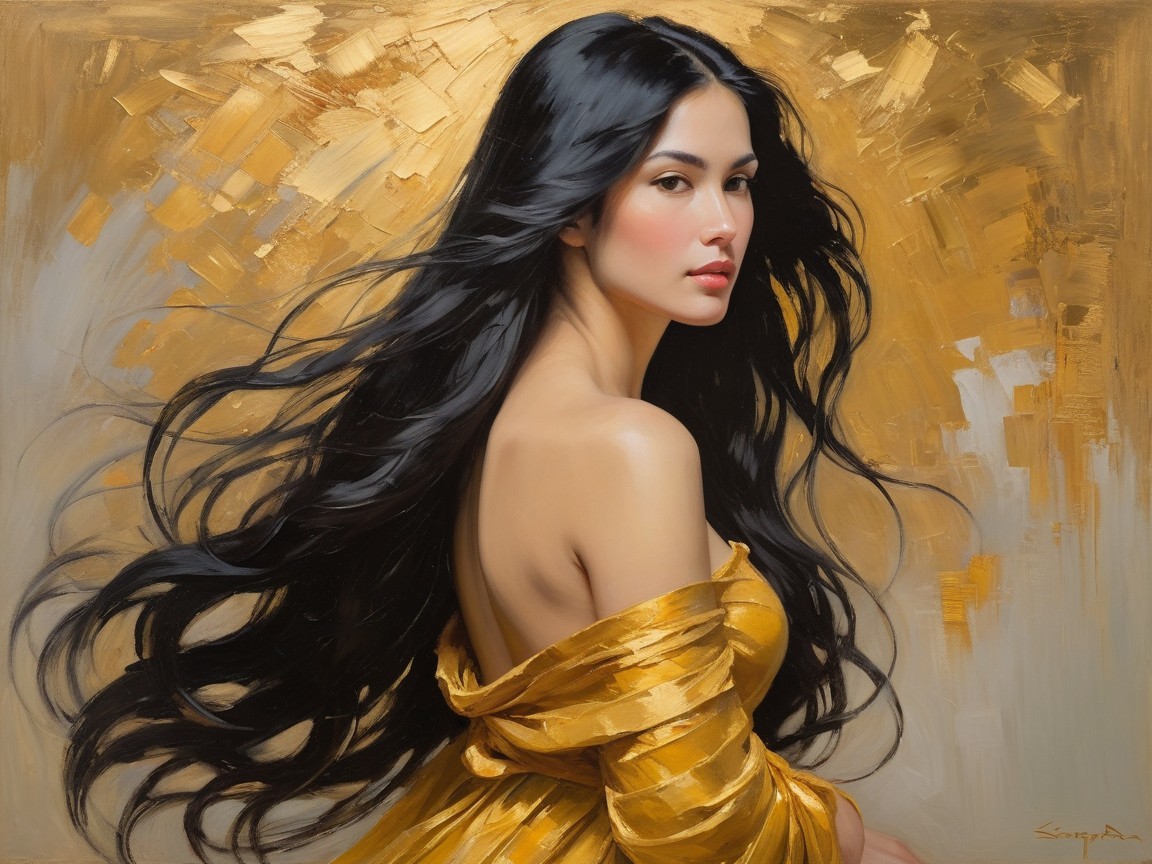 Young woman in yellow garment with golden background