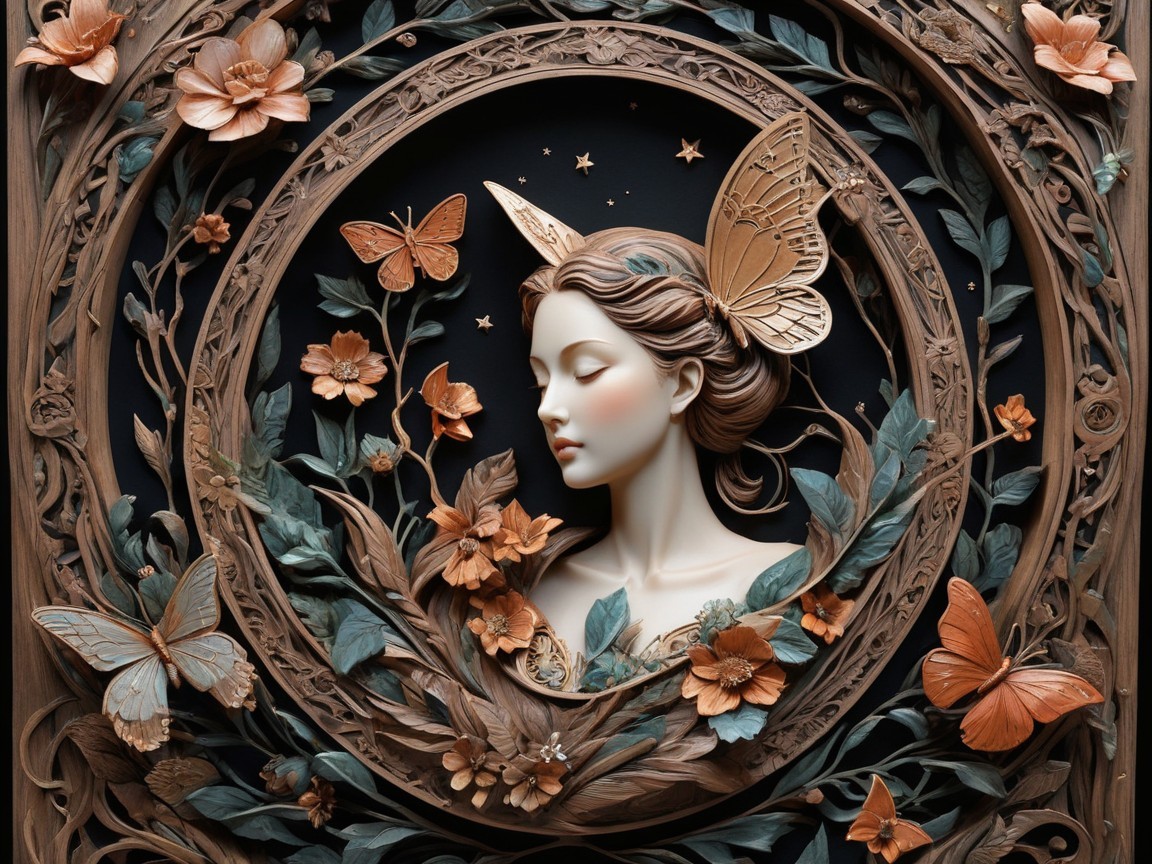 Serene Woman's Face Surrounded by Flowers and Butterflies