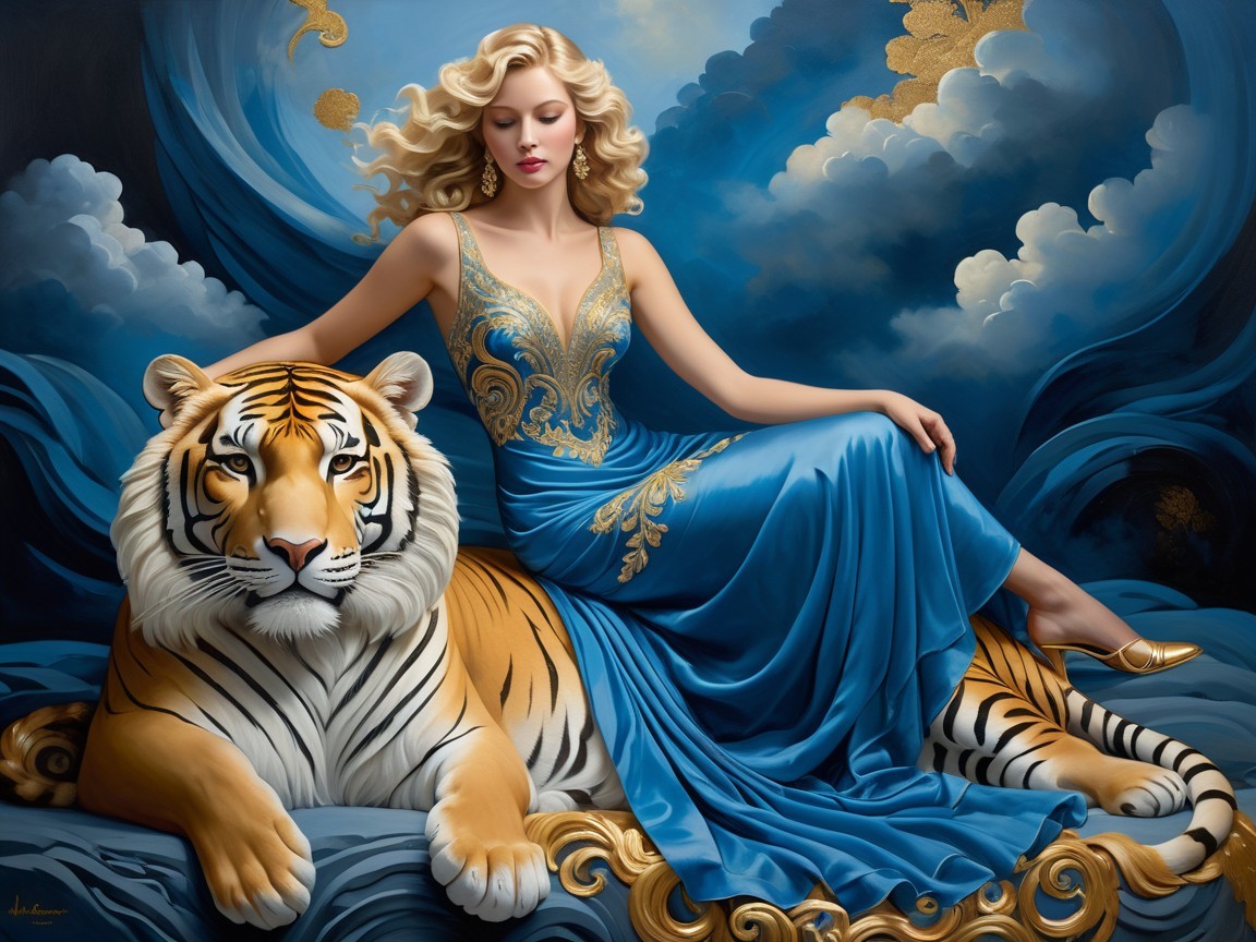 Glamorous Woman in Blue Gown Beside Majestic Tiger