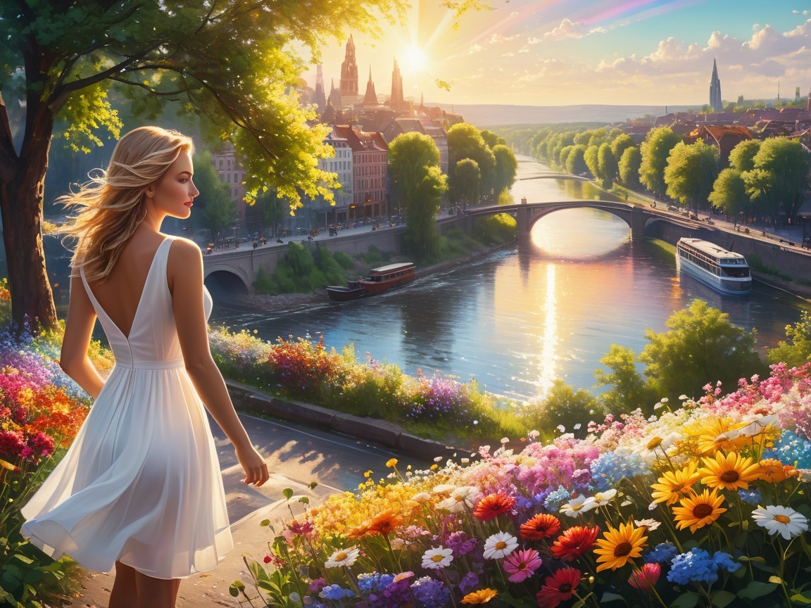 Serene Sunset Landscape with Woman by a River