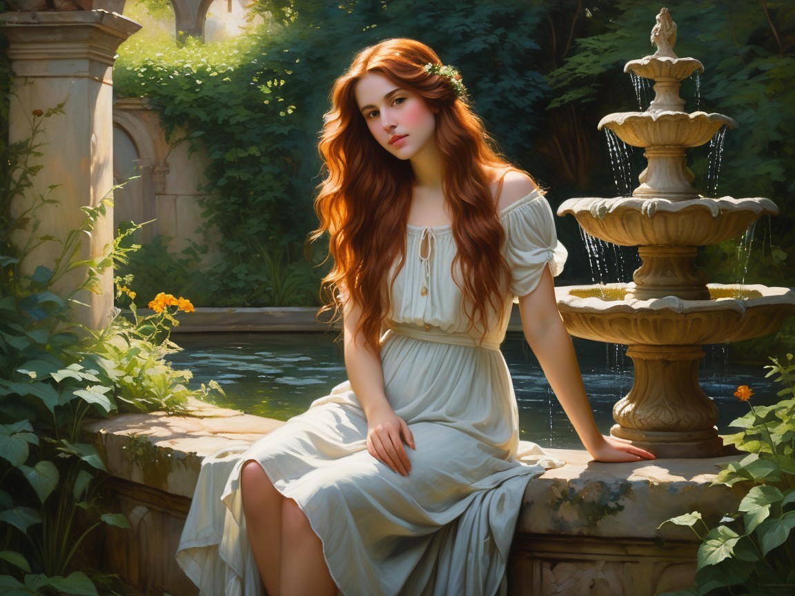 Young woman by fountain in serene garden setting