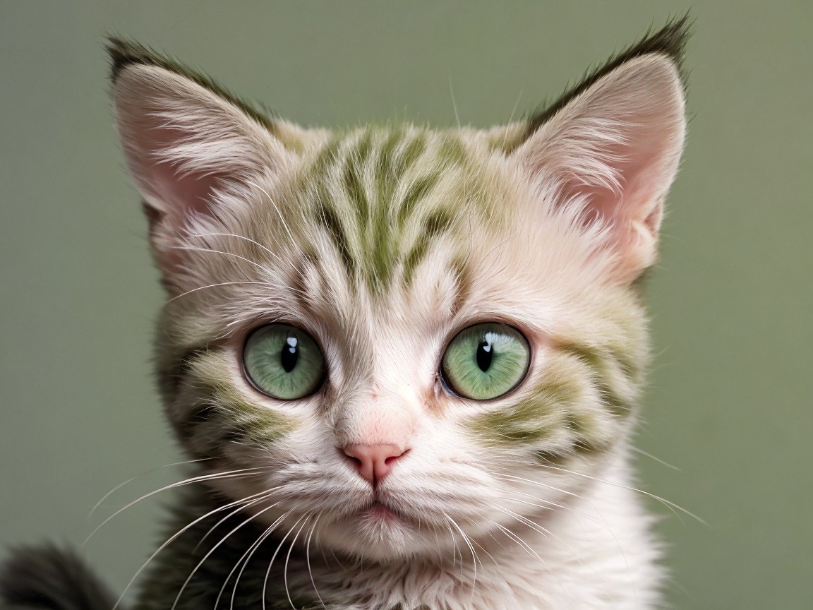 Close-up of a fluffy kitten with green eyes and stripes