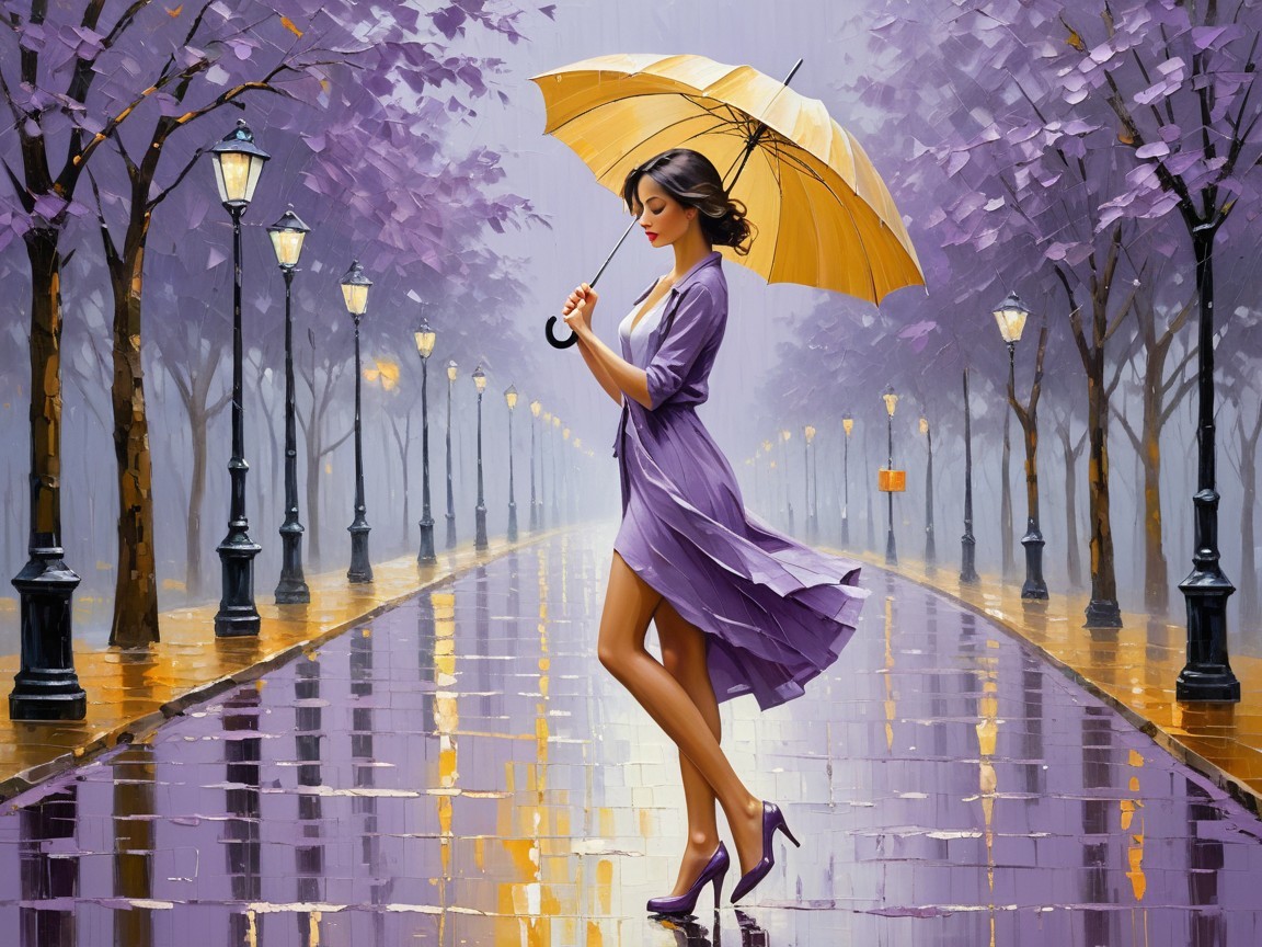 Woman in Purple Dress with Yellow Umbrella on Street