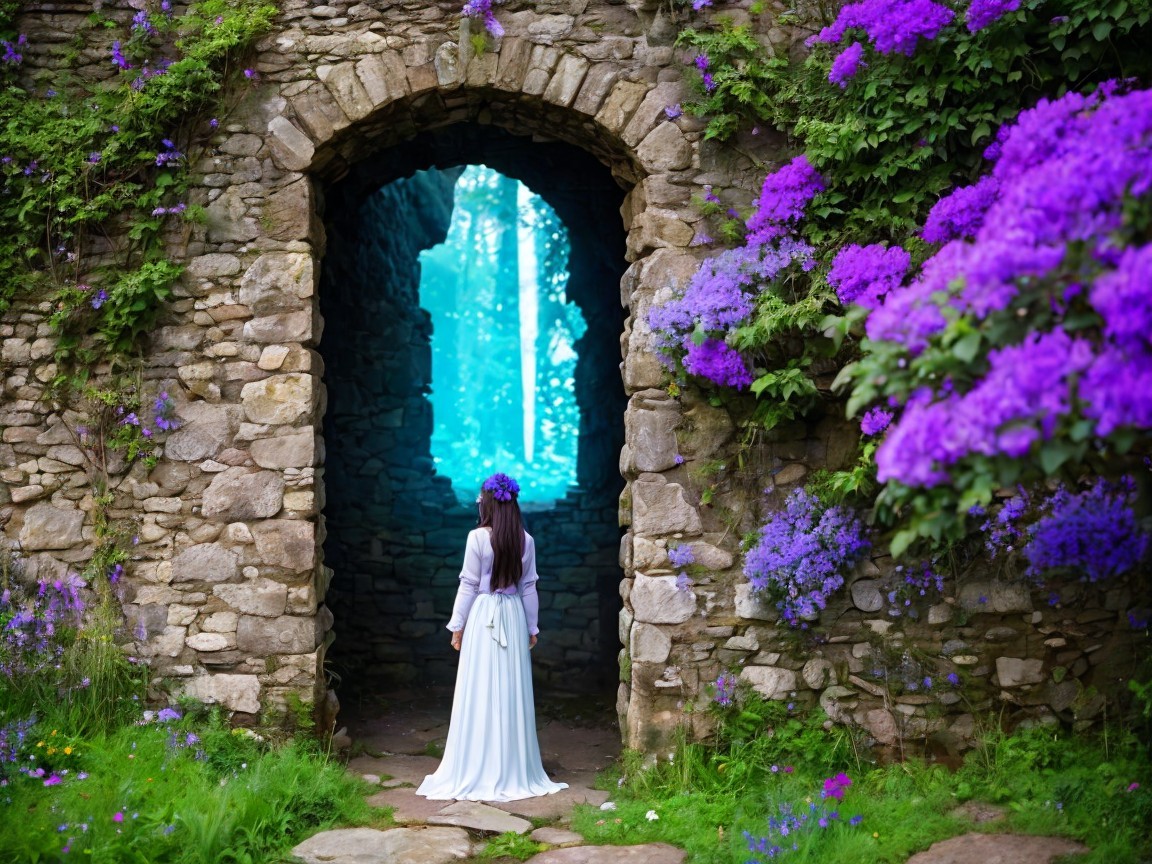 Serene figure in white dress by stone archway and flowers