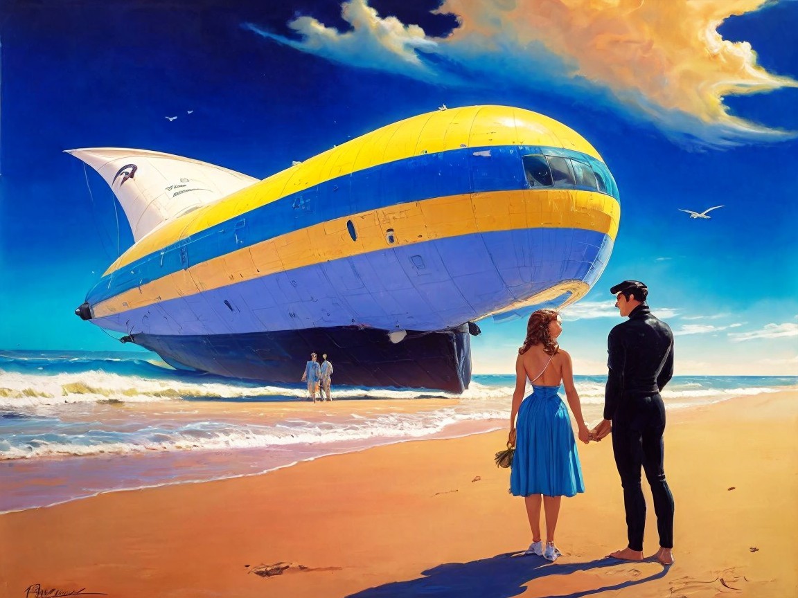 Couple on Beach with Vibrant Airship Above Water