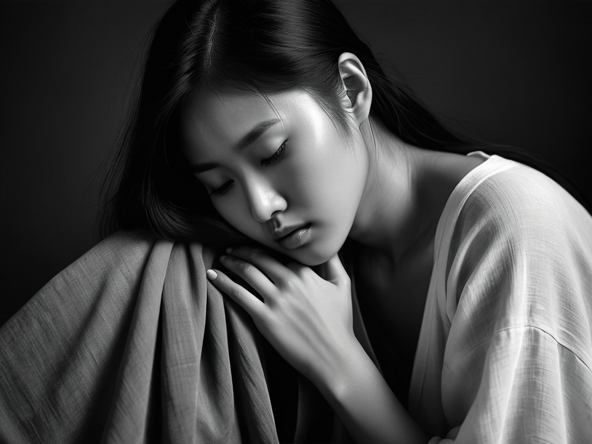 Black-and-White Portrait of a Thoughtful Young Woman