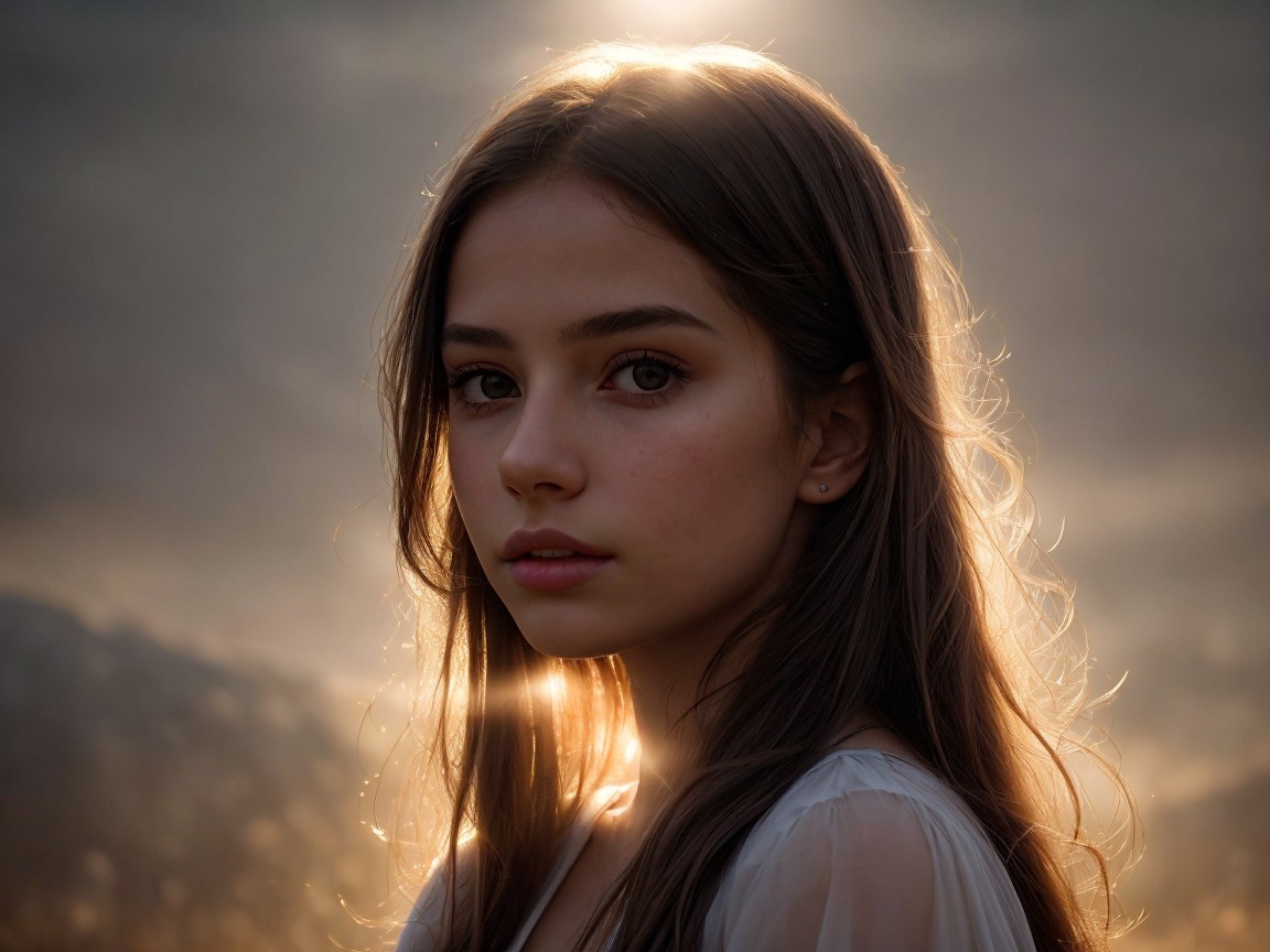 Young woman in soft sunlight with dreamy background