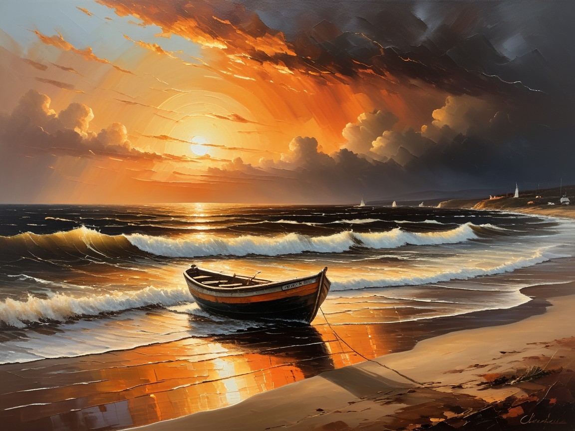 Serene Coastal Scene with Sunset and Anchored Boat