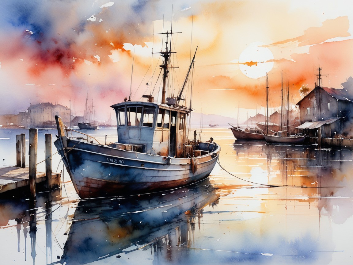 Serene Waterfront Sunset with Fishing Boat and Dock