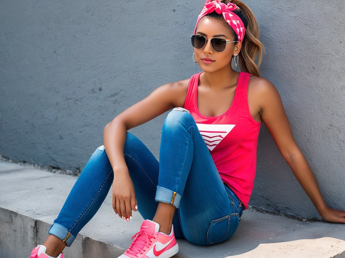 Young woman in pink tank top and denim jeans against wall