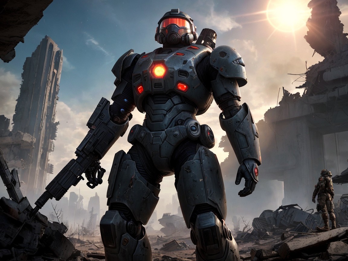 Futuristic Armored Robot in Post-Apocalyptic Setting