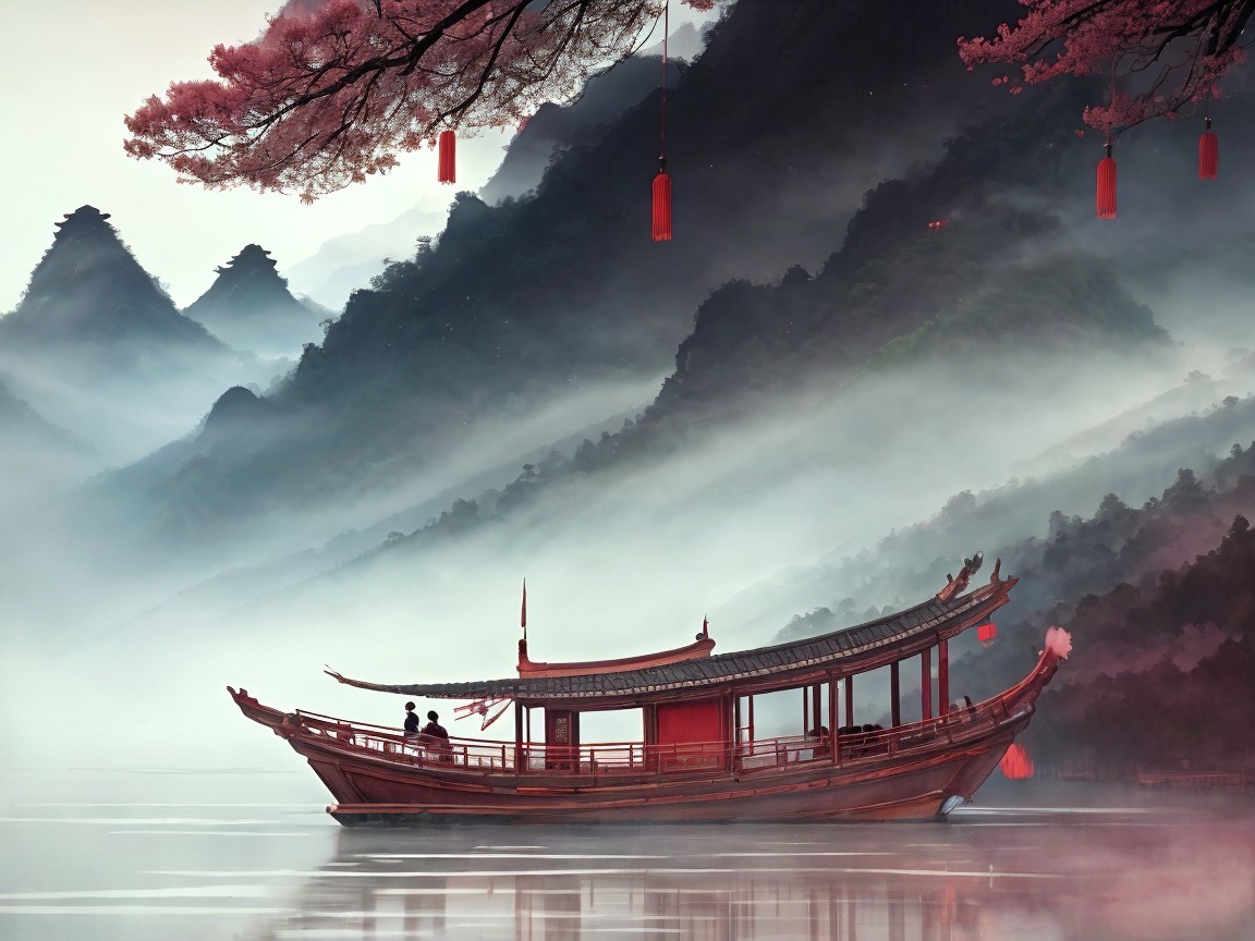 Tranquil Lake Scene with Cherry Blossoms and Lanterns