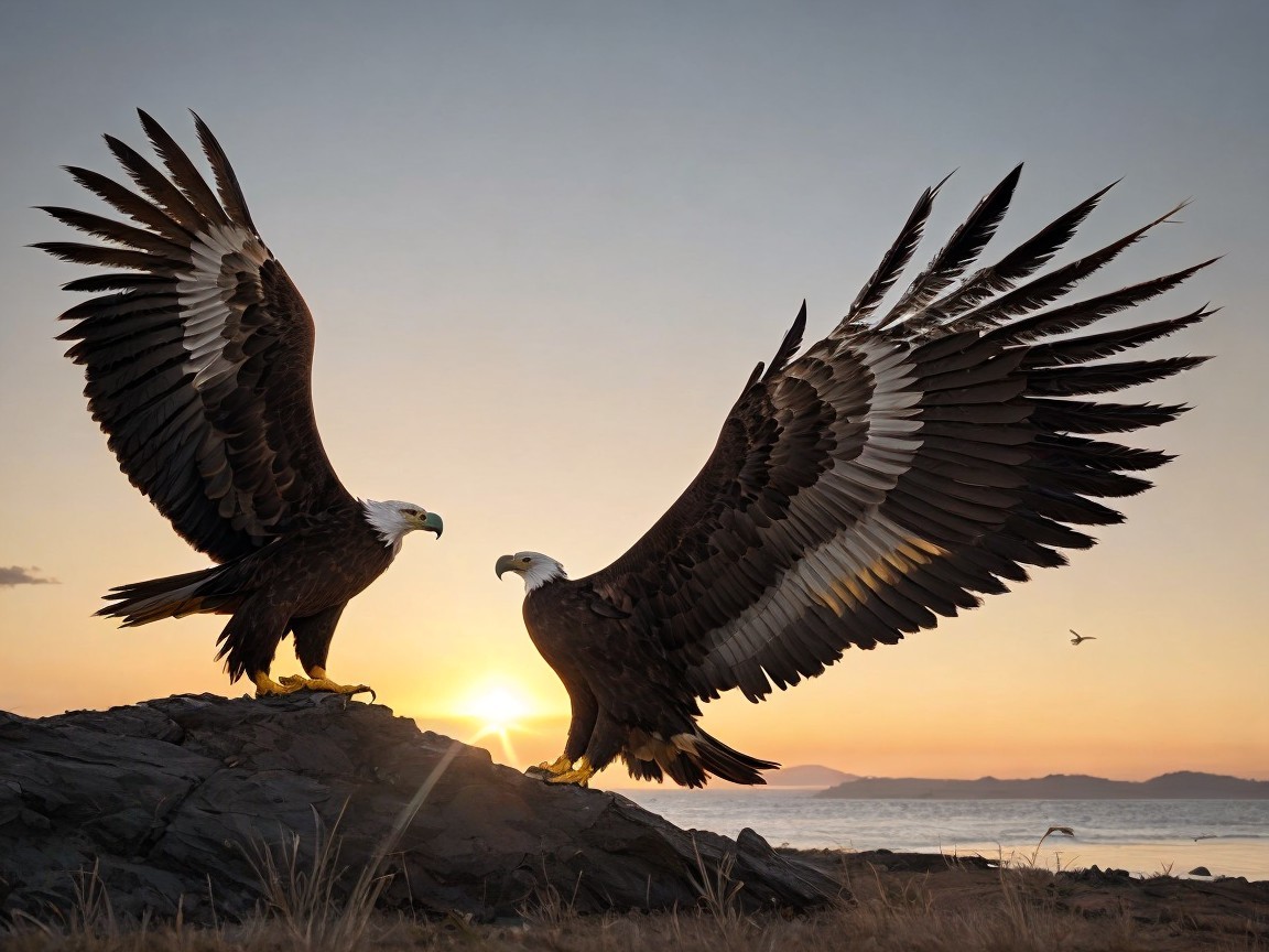Eagles Displaying Wings at Sunset Over Calm Waters