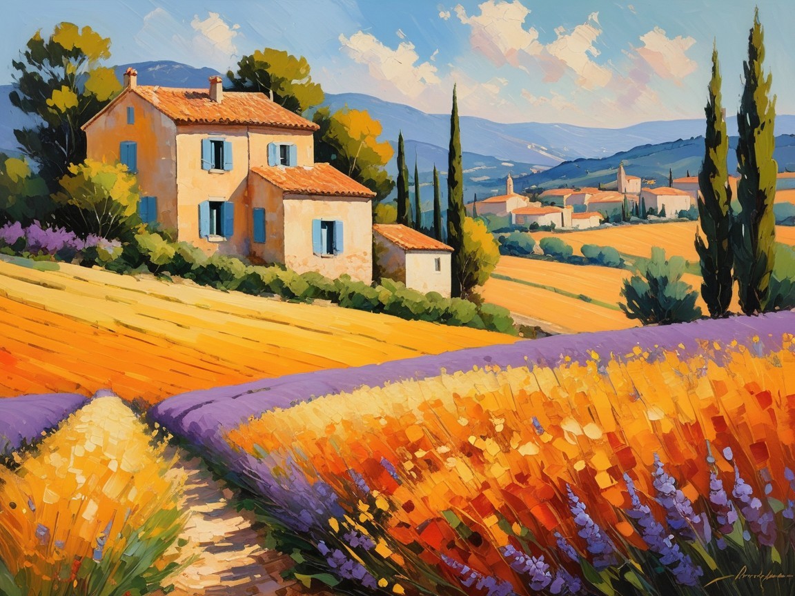 Vibrant Countryside Scene with Stone House and Lavender Fields