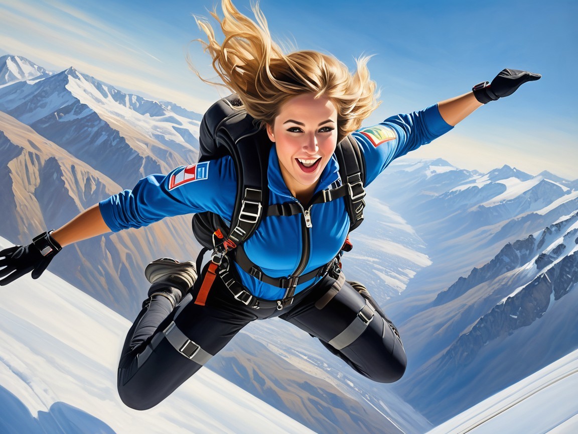 Woman in blue jacket skiing in snowy mountains