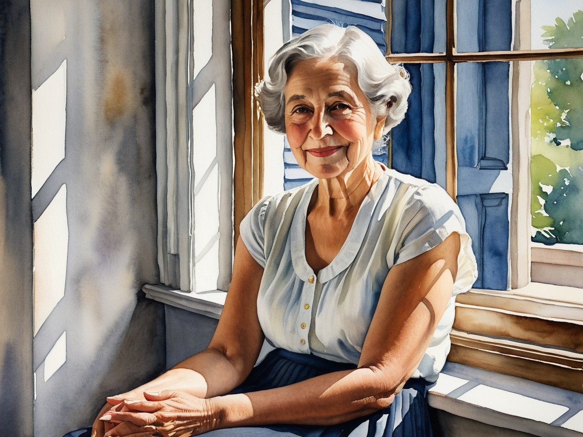 Elderly Woman by Sunlit Window with Blue Shutters