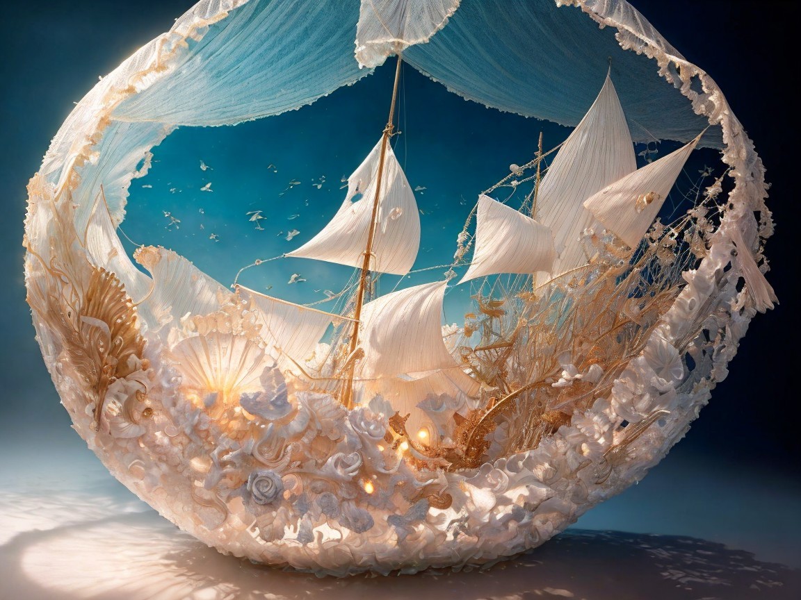 Ethereal Diorama of a Sailing Ship with Shells and Waves
