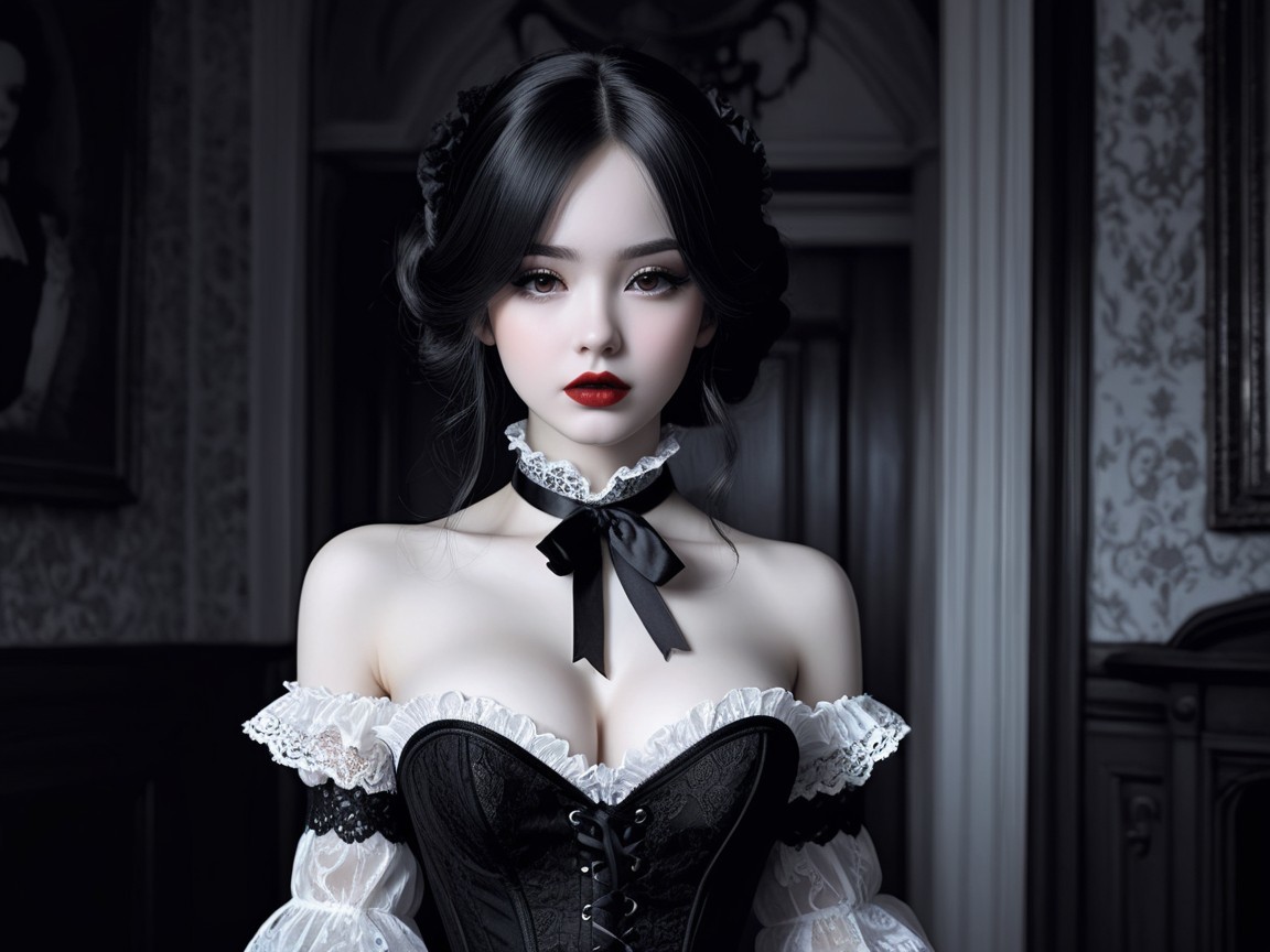 Elegant Young Woman in Black and White Corset Dress