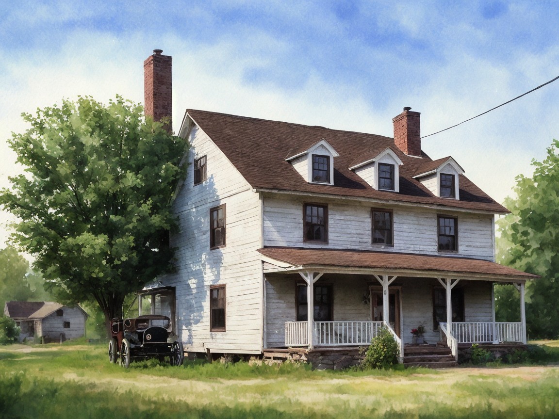Vintage Two-Story House with Classic Porch and Car