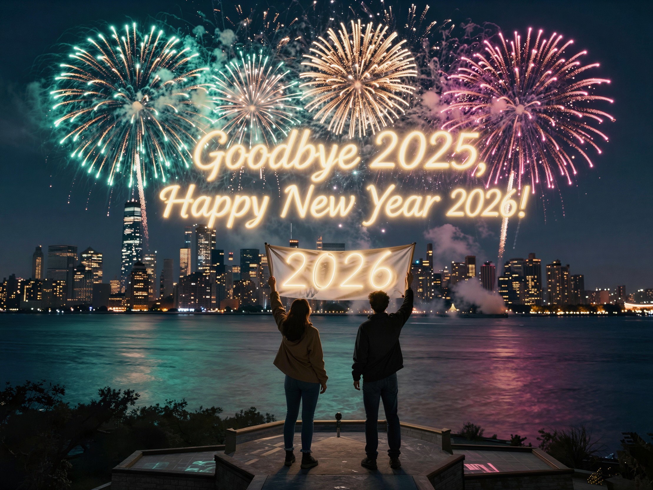 New Year's Eve Celebration with Fireworks and Banner