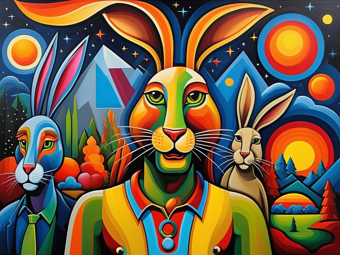Cubist Painting of Rabbits in a Starry Landscape